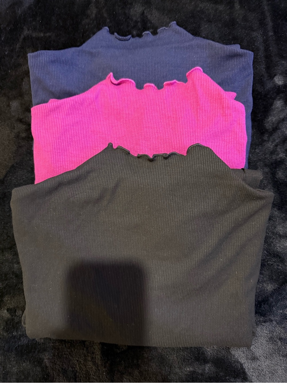 Women’s Ribbed Lettuce-Edge Short Sleeve Tops - Black, Hot Pink, Navy (3-Pack)